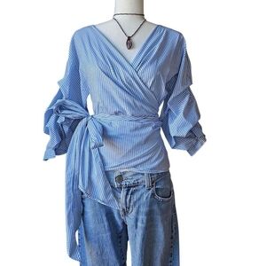 Signature Eight Blue and White Striped Wrap Blouse - Size Small